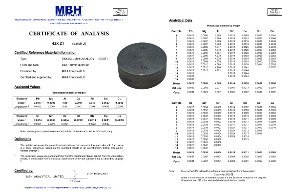 MBH 42XZ1锌标样 - 高精度光谱分析标准样品